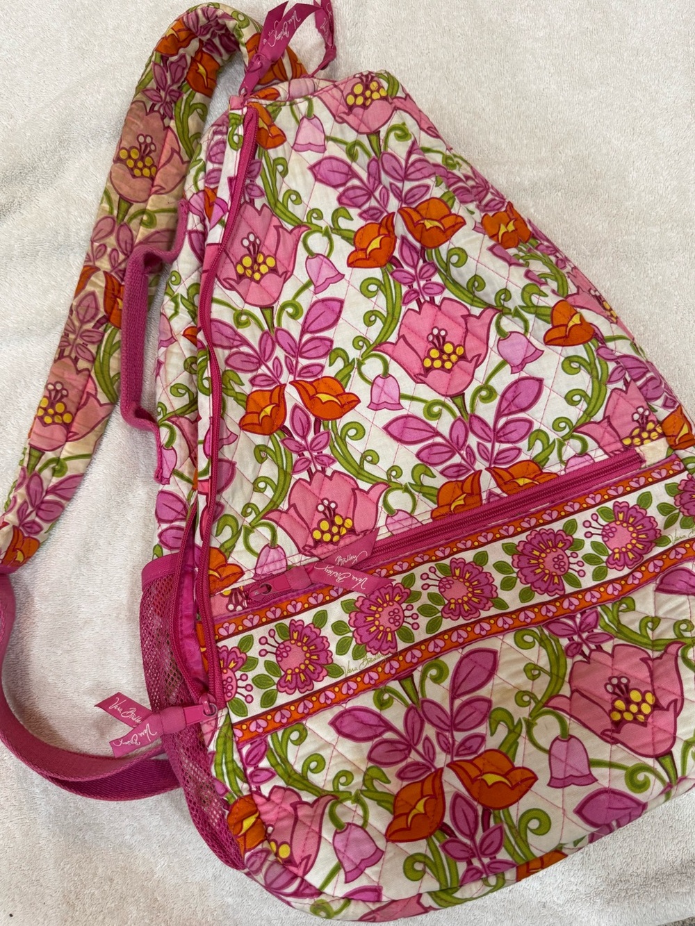 Vera Bradley Pink Floral Quilted Sling Backpack with Orange & Green Accents
